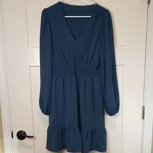 Chriselda L/S V Neck Smoked Flowy Ruffle A Line Swing Dress Large Slate Blue